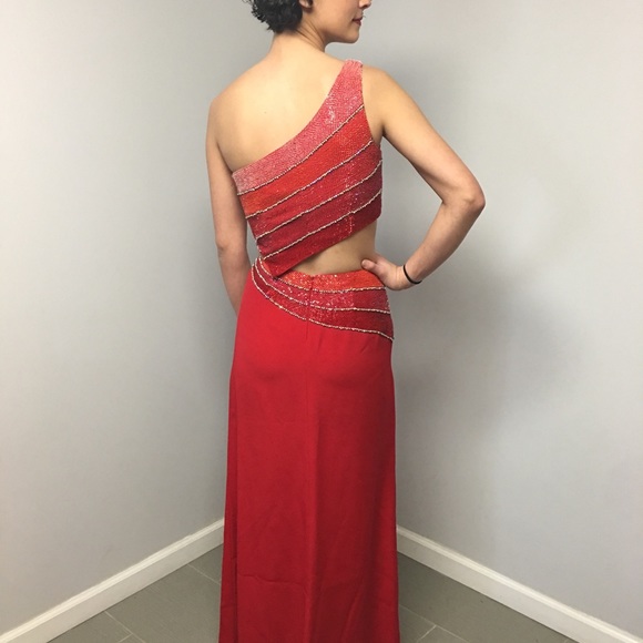 Two piece beaded red gown prom dress one shoulder - Picture 3 of 5
